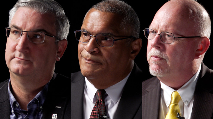 From left to right, Gov. Eric Holcomb, a Republican, is up for re-election against Democrat Dr. Woody Myers and Libertarian Donald Rainwater.  - Alan Mbathi/IPB News