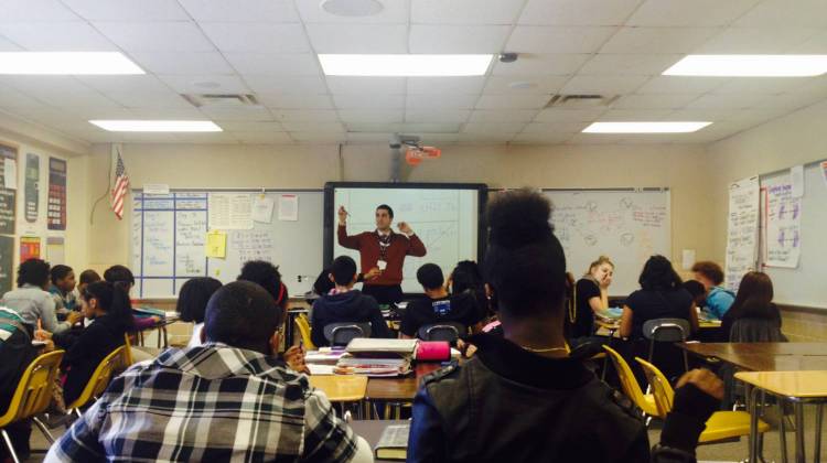 Thomas Hakim teachers his eighth grade math class at Northview Middle School in Washington Township. - Eric Weddle / WFYI Public Media