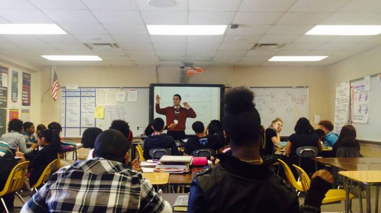 Thomas Hakim teachers his eighth grade math class at Northview Middle School in Washington Township.  - Eric Weddle / WFYI Public Media