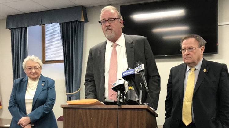 Senate Republican leaders discuss the hate crime bill's failure to advance in 2018. Those leaders, from L to R: Sen. Sue Glick (R-LaGrange), the bill's author, Senate President Pro Tem David Long (R-Fort Wayne), and Sen. Mike Young (R-Indianapolis), the committee chair. - Brandon Smith/IPB News