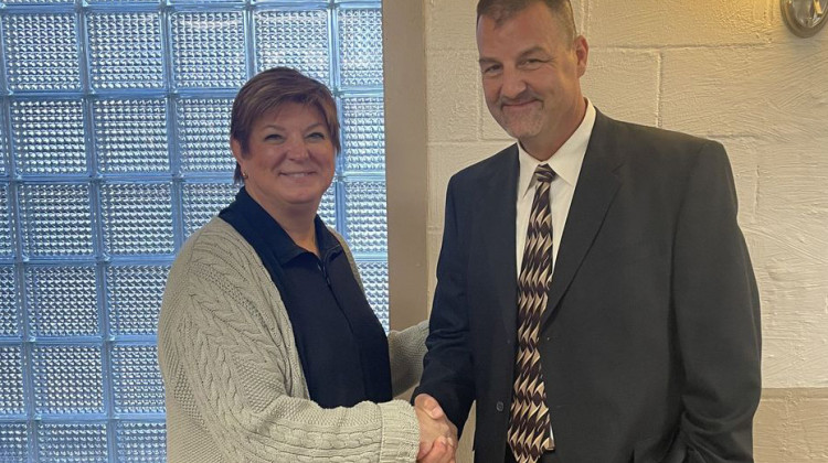 Randy Maxwell, right, shakes hands with Indiana Republican Party chair Anne Hathaway after his election to the state Senate by a private Republican precinct caucus.  - Courtesy of the Indiana Republican Party