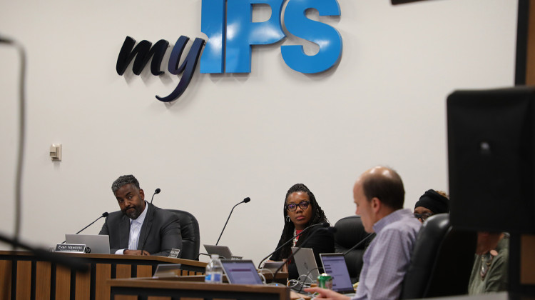 Indianapolis Public Schools Board President Evan Hawkins and Superintendent Aleesia Johnson listen during a board meeting presentation Nov. 17, 2022 at the district office. Hawkins’ term as a board member ends Dec. 31, 2022. - Eric Weddle/WFYI