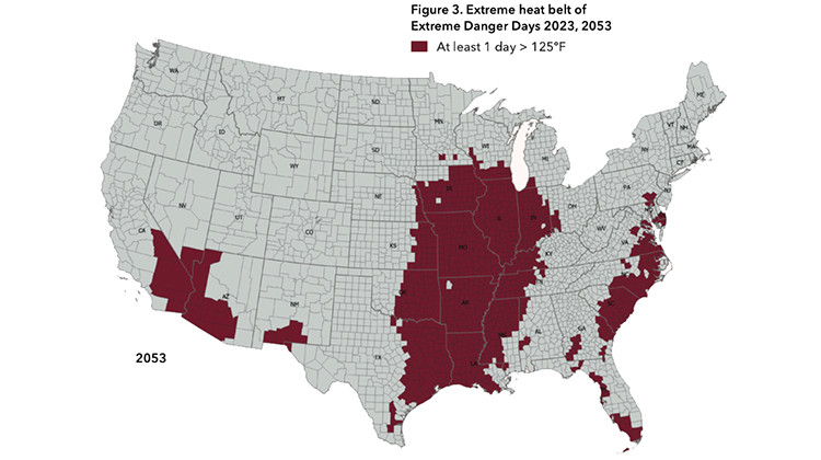 A map of counties that are expected to experience at least one day a year where the temperature feels like 125 degrees or hotter. - Courtesy of First Street Foundation