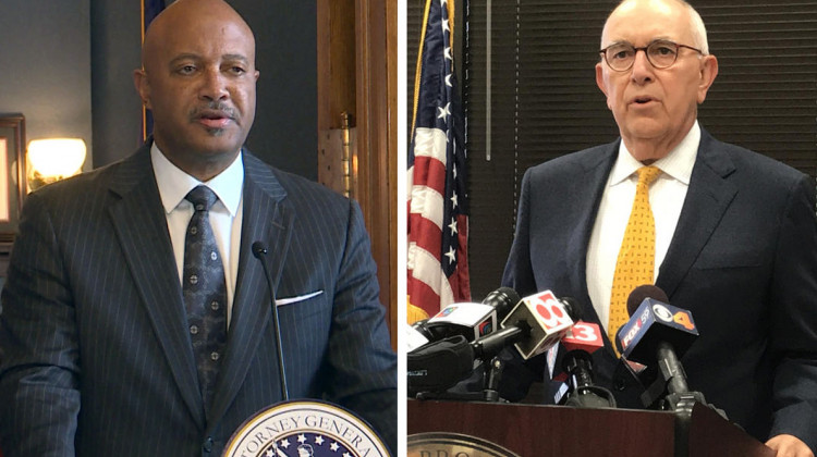 Indiana Attorney General Curtis Hill, left, and Marion County Prosecutor Terry Curry, right, are again clashing over a state abortion lawsuit. - FILE PHOTOS: Lauren Chapman and Brandon Smith/IPB News