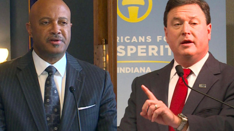 In 2020, Republicans Todd Rokita (right) and Curtis Hill (left) received more than $1 million combined from a group linked to the robocalls. - FILE PHOTOS: Lauren Chapman/IPB News