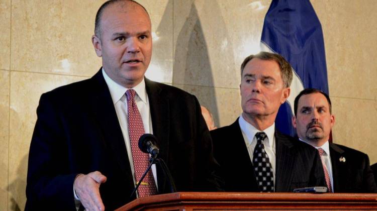 Indianapolis police chief Troy Riggs with Mayor Joe Hogsett at a January public safety summit. - Ryan Delaney/WFYI