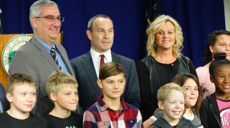 Indiana Gov. Eric Holcomb, EducationSuperHighway CEO Evan Marwell and State Superintendent of Public Instruction Jennifer McCormick annouce a partnership to improve high-speed broadband access to Indiana schools on Tuesday, Oct. 24, 2017 at Metropolitan School District of Decatur Township's Blue Academy. - Eric Weddle/WFYI