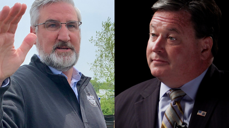 Attorneys for Gov. Eric Holcomb, left, and Attorney General Todd Rokita, right, faced off in county court over a lawsuit challenging a new emergency powers law. - Brandon Smith/IPB News, Alan Mbathi/IPB News