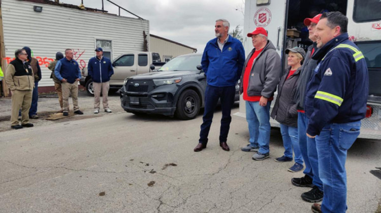 Gov. Holcomb toured Sullivan Saturday after devastating tornadoes ripped through the area Friday night. - George Hale/WFIU/WTIU News