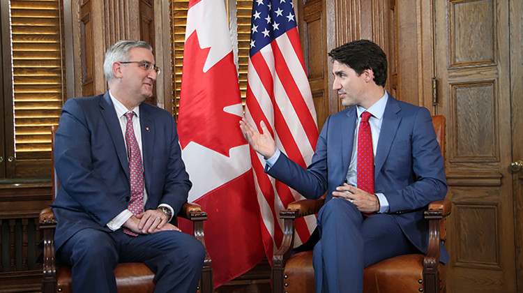 Gov. Eric Holcomb meets with Canadian Prime Minister Justin Trudeau during his workforce development trip to Canada in March. - Photo provided by Gov. Eric Holcomb's office
