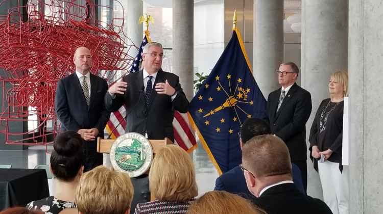 Gov. Eric Holcomb speaks at Caterpillar Headquarters in Downtown Indianapolis before signing SEA 50 into law that forms the Governor's Workforce Cabinet. (Samantha Horton/IPB News) - Gov. Eric Holcomb speaks at Caterpillar Headquarters in Downtown Indianapolis before signing SEA 50 into law that forms the Governor's Workforce Cabinet. (Samantha Horton/IPB News)