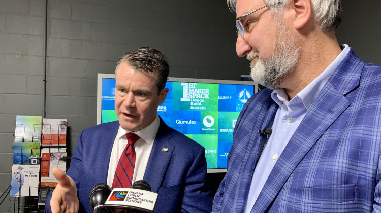 U.S. Sen. Todd Young (R-Ind.), left, and Gov. Eric Holcomb, right, said Indiana is well-positioned to compete for one of the regional technology hubs created by Young's Endless Frontier Act. - Brandon Smith/IPB News