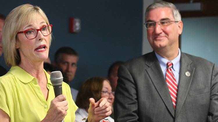 State Auditor Suzanne Crouch addresses the media Monday on her choice to run with Lt. Gov. Eric Holcomb on the Republican ticket. Crouch and Holcomb have less than 100 days to campaign for governor and lieutenant governor. - Shelby Mullis/TheStatehouseFile.com