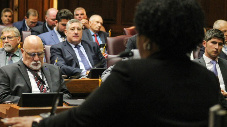 Indiana House Republicans look on as Rep. Cherrish Pryor (D-Indianapolis) speaks on the House floor on Aug. 5, 2022 during debate on a near-total abortion ban. - Brandon Smith/IPB News