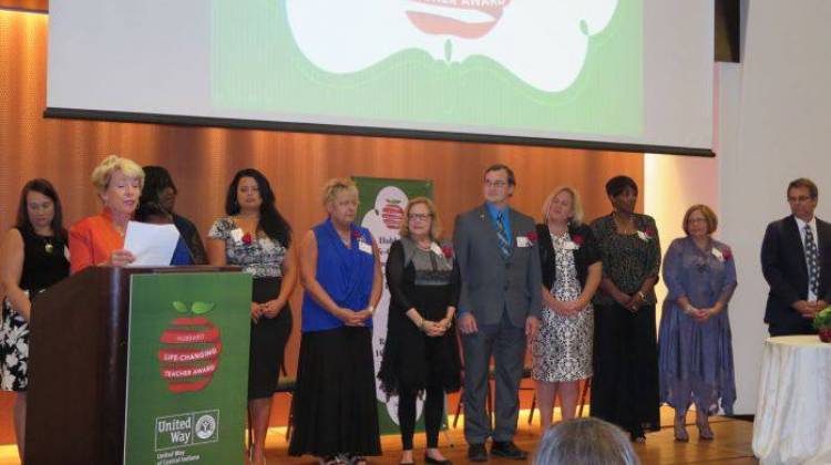 Kathy Hubbard introduces the 10 finalists for the Hubbard Life-Changing Teacher Awards at tonight's ceremony. - Scott Elliott / Chalkbeat Indiana