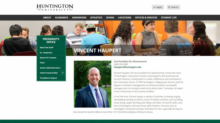 Screen image of Haupert's bio before it was removed from the Huntington University website.