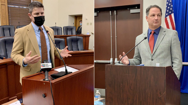 Senate President Pro Tem Rodric Bray (R-Martinsville), left, and House Speaker Todd Huston (R-Fishers), right, speak to reporters. - Brandon Smith/IPB News
