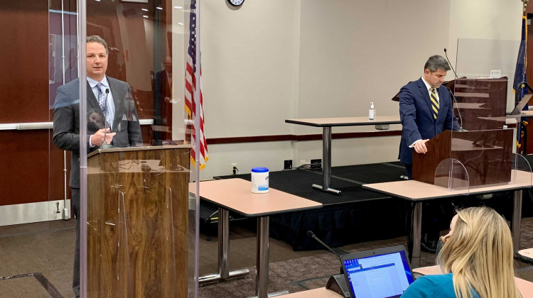 House Speaker Todd Huston (R-Fishers), left, and Senate President Pro Tem Rodric Bray (R-Martinsville), right, talk with reporters on the first day of the 2021 legislative session. - Brandon Smith/IPB News