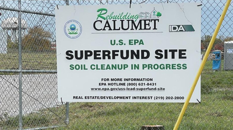The West Calumet Housing Complex was demolished in 2018. A new sign has been posted on the wire fence surrounding the vacant land for Industrial Development Advantage, LLC. The company hopes to build a logistics and distribution warehouse there. - Courtesy of Akeeshea Daniels