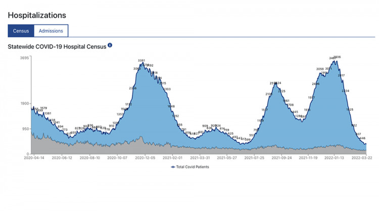 A screenshot of the Indiana Department of Health's COVID-19 dashboard shows the number of hospitalizations across the state as of March 22. - Indiana Department of Health