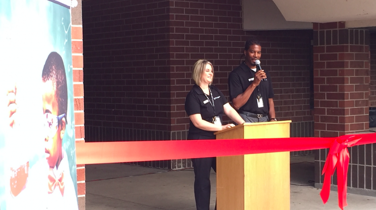 Co-principals for Ignite Achievement Academy @ Elder Diggs School 42 Brooke Beavers and Shy-Quon Ely II talk at the school's ceremonial opening Monday, July 17, 2016. - Eric Weddle/WFYI Public Media