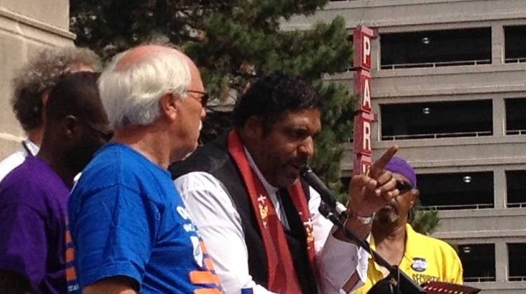 Rev. William Barber II speaks during a rally Saturday at the Indiana state capitol.