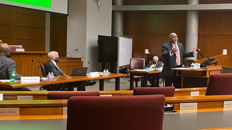 Kevin Brown, a longtime professor at Indiana University Maurer School of Law, speaks at a forum Wednesday night about his experience as one of the participants of the original critical race theory workshop held in 1989 in Madison, Wisconsin - (Elizabeth Gabriel/WFYI)