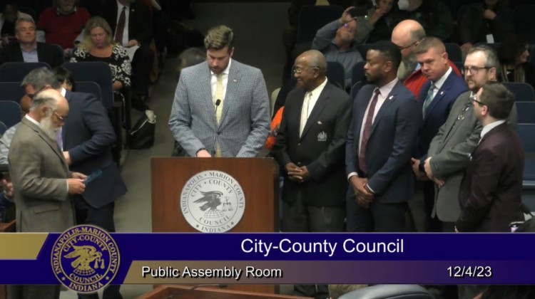 Councilor Brian Mowery recognizes the councilors leaving the CCC. - (Meeting screenshot, City of Indianapolis Channel 16)