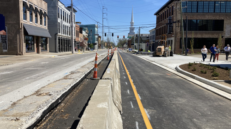 New Albany's Main Street Revitalization project is one step closer to completion, with work now starting on the north side of the street. The south side of the street, shown in the right side of the photo, was nearly finished at the start of the week. The project is expected to wrap up by fall. - Aprile Rickert / LPM