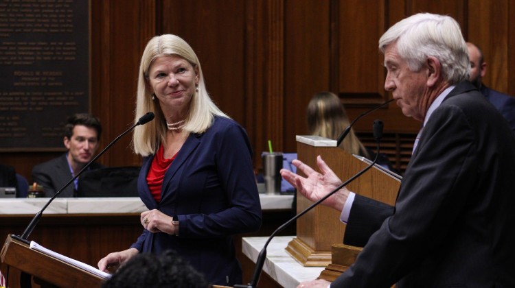 Reps. Sharon Negele (R-Attica) and Ed DeLaney (D-Indianapolis) discuss HB 1001, the House's inflation relief and family supports bill. - Ben Thorp/WBAA