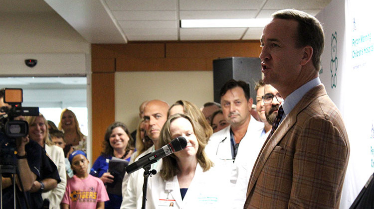 Peyton Manning speaks at a press conference for the opening of the Peyton Manning Children's Hospital's new pediatric emergency room in Evansville. - Isaiah Seibert/WNIN