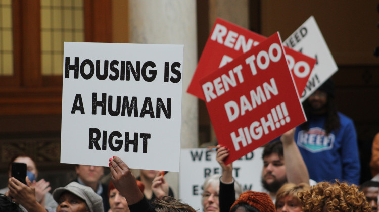 Advocates and tenants gathered Monday to speak on how a lack of protections for renters has impacted the state (WBAA/WFYI News/Ben Thorp)