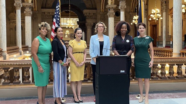 Democratic candidates and leaders pose in the Statehouse for a photo. Left to right: Myla Eldridge, vice chair of Indiana Democratic Party; Victoria Garcia Wilburn, House District 32 candidate; Destiny Wells, secretary of state candidate; Jessica McClellan, state treasurer candidate; ZeNai Brooks, state auditor candidate; and Jocelyn Vare, Senate District 31 candidate. - Violet Comber-Wilen/IPB News