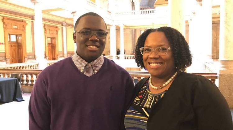 Caleb Cureton, 14, and his mom, Shana Cureton-McMurray, testified before the Senate education committee this week in favor of a bill that would increase funding for after school programs.  - Claire McInerny/IPB