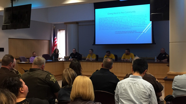 Dearborn County law enforcement officials describe their Jail Chemical Addiction Program (JCAP) to a full house at Monday's informational meeting in Lafayette. - Charlotte Tuggle/WBAA