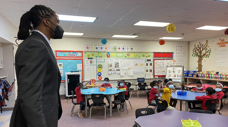 Shy-Quon Ely, Ignite Achievement Academy co-founder and head of school, stands inside a classroom located within IPS’ Elder Diggs School 42 building.  - (Elizabeth Gabriel/WFYI)