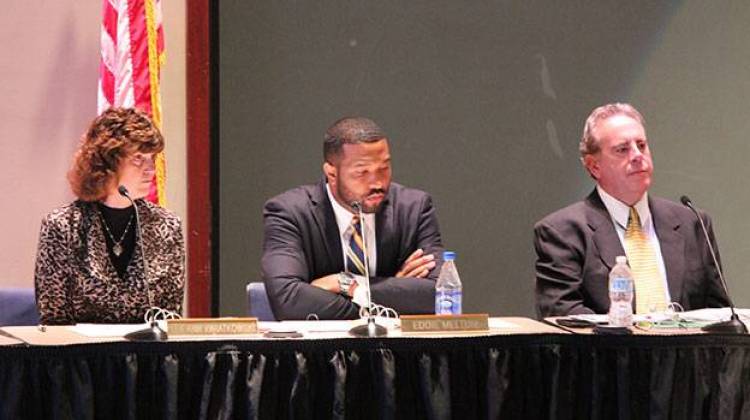 State Board of Education members Lee Ann Kwiatkowski, Eddie Melton and David Freitas listen during the group's November meeting.  - Rachel Morello/StateImpact Indiana