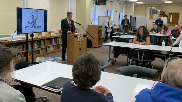 Indianapolis Mayor Joe Hogsett addresses public safety. (Jill Sheridan WFYI)