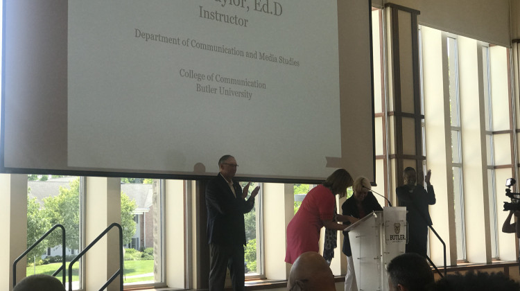 Members of the National Federation of State High School Associations came to Butler University for a grant signing ceremony. The grant funds a 10-year study.  - Emily Cox/WFYI