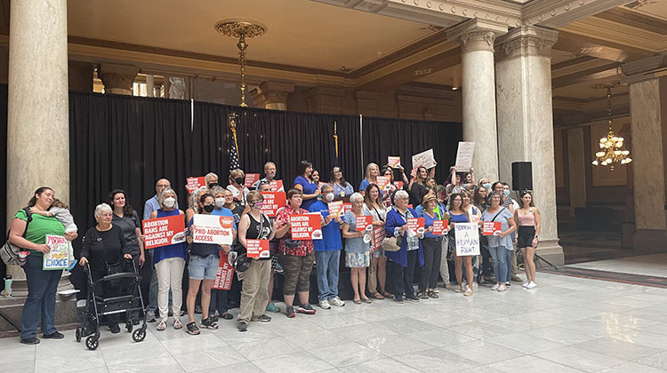 Protesters and speakers Friday said the bill threatens Jewish religious freedom, and displayed signs reading, “Abortion bans are against my  religion” and “Abortion access is a Jewish value.” - Katrina Pross/WFYI