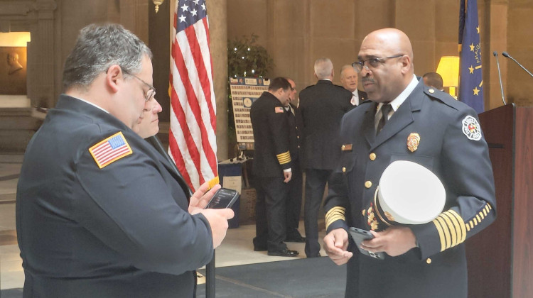 South Bend Fire's Carl Buchanon and other Indiana fire chiefs gathered at the state capitol to discuss issues, like PFAS exposure, with lawmakers during the 2023 session.  - Adam Yahya Rayes/IPB News
