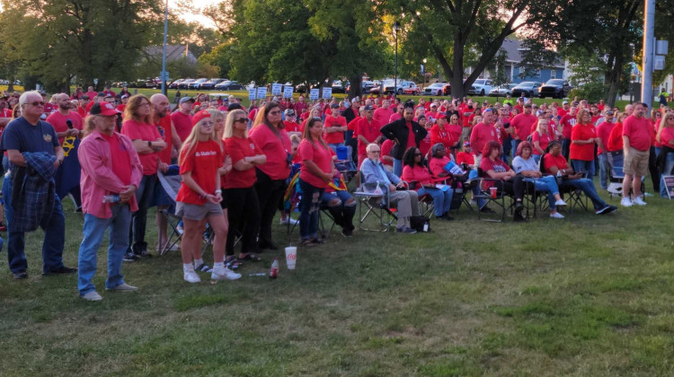 Dozens of UAW workers and supporters at a rally event in Kokomo just over a day before the deadline to strike.  - Tony Sandleben/WBOI