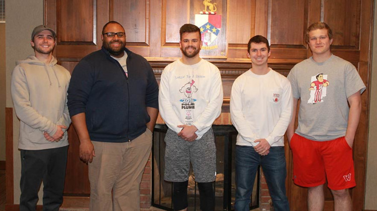 Group of Beta Theta Pi members from Wabash College upon completion of SUSOP’s 8 session programming. Pictured (left to right): Lucas Soliday, Burton Patterson (Rape Prevention Education Coordinator), Michael Krutz, Matthew Fajt, and Jeffrey Inman.