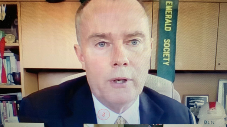 Indianapolis Mayor Joe Hogsett speaks during a virtual press conference announcing public safety reform measures. - Screenshot by Jill Sheridan/WFYI