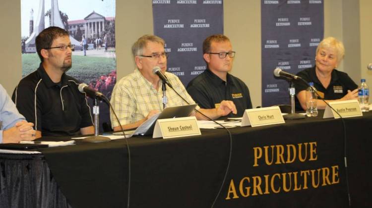 Purdue University agronomists announce Indiana's 2017 forecast for corn and soybeans at the Indiana State Fair. - Annie Ropeik/IPB
