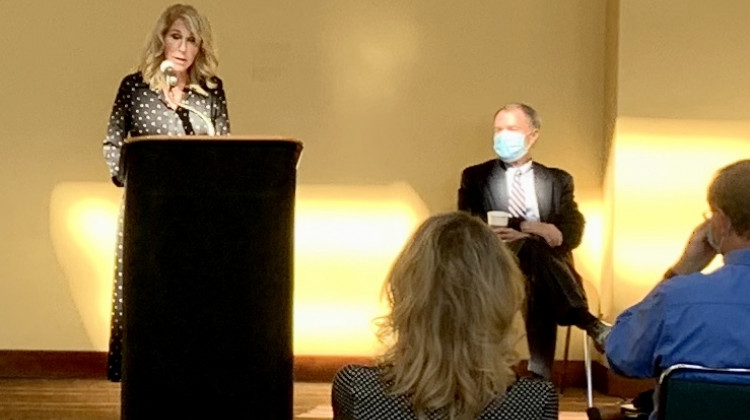 Downtown Indy's Sherry Seiwert speaks at the Convention Center. (Jill Sheridan WFYI)