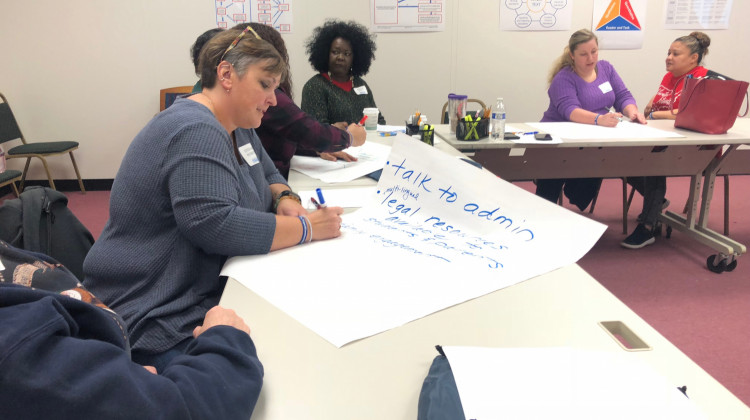 IPS employees write down ways to support undocumented students during an IPS professional development workshop day. - Photo by Carter Barrett.