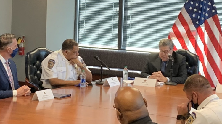Attorney General William Barr speaks with local law enforcement at a roundtable. - Jill Sheridan/WFYI