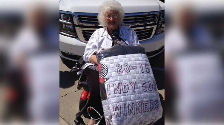 The "Quilt Lady", Jeanetta Holder, has been making quilts for Indy 500 winners since 1976 when she first presented one to Johnny Rutherford. - Jill Sheridan