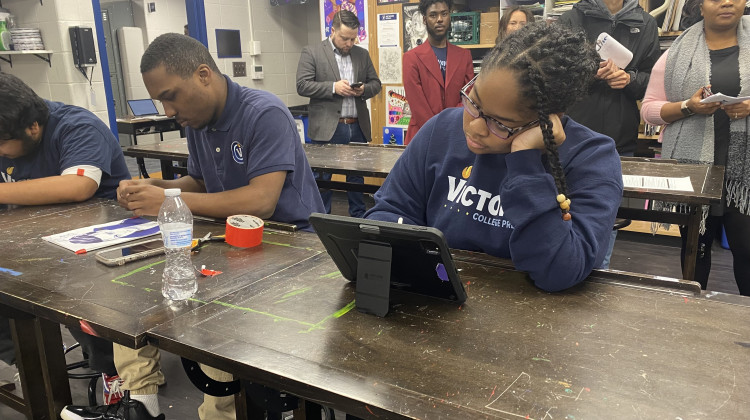 Students at Victory College Prep, a school on the southeast side of Indianapolis, use tablets for a digital art class. - Elizabeth Gabriel/WFYI News